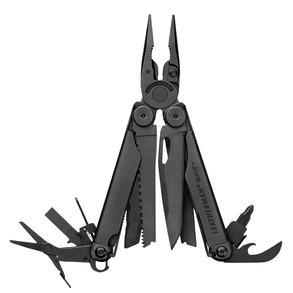 Black multi-tool with various components on a white background
