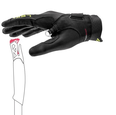Black glove with a brand logo on a white background