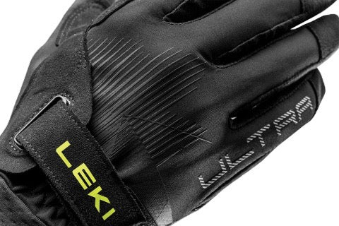 Black Leki glove with yellow logo on a white background