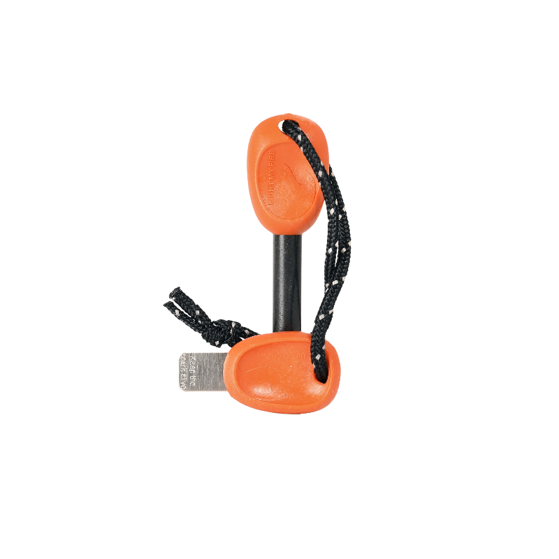 Orange fire starter with black cord on a white background
