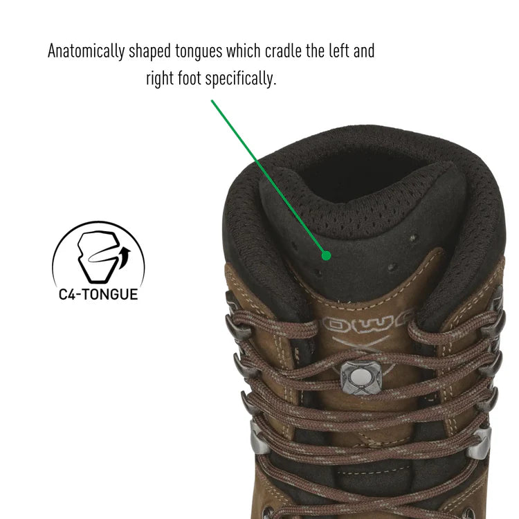 Brown hiking boot with C4-Tongue feature highlighted on a white background