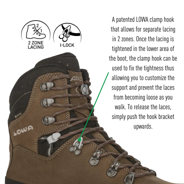 Brown hiking boot with lacing system and patent information on a white background