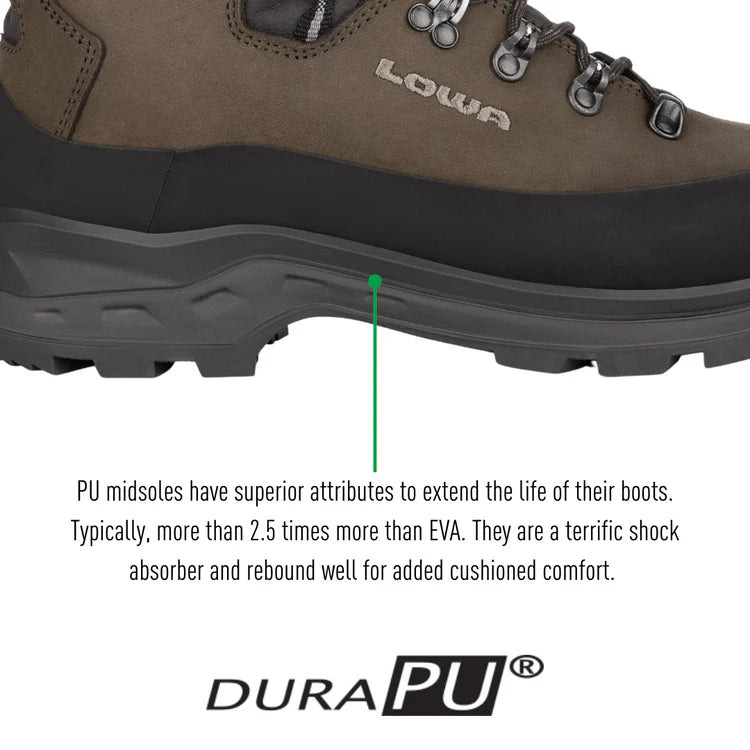 Brown hiking boot with black sole and 'LOWA' branding, featuring DURAPU technology text.