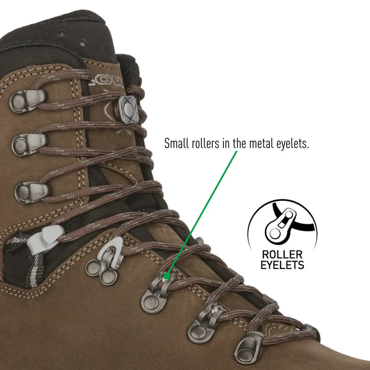 Brown hiking boot with roller eyelets and text highlighting their feature.