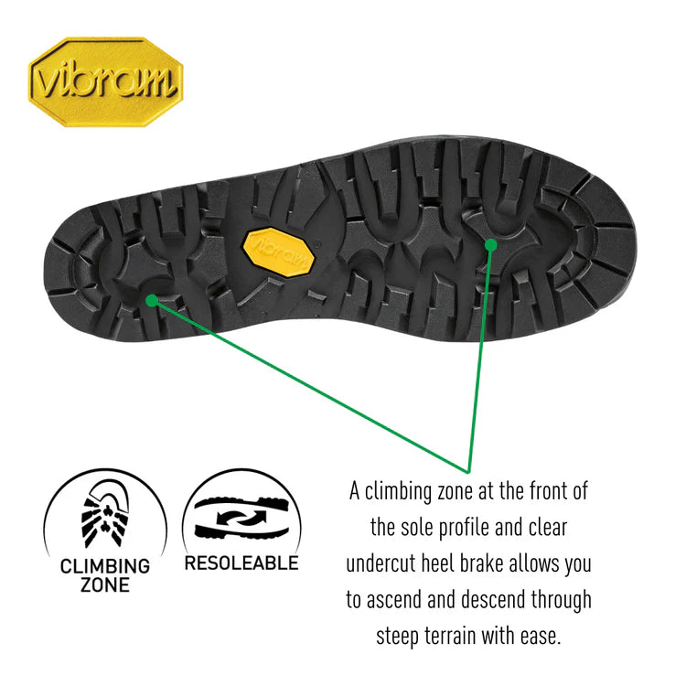Close-up of a shoe sole with Vibram branding, highlighting climbing zone and resoleable features.