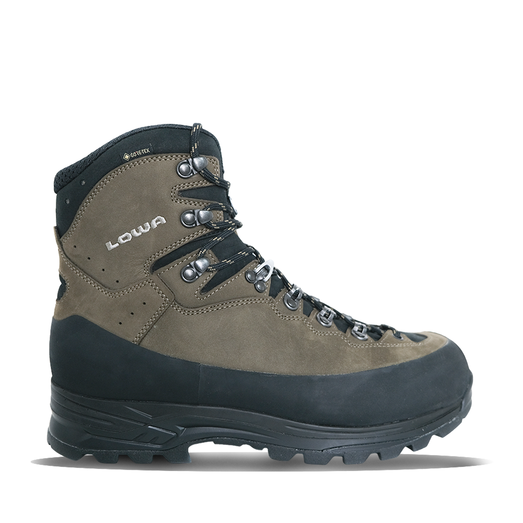 A gray and black LOWA High Country Evo GTX hiking boot with laces and a high alpine rand.