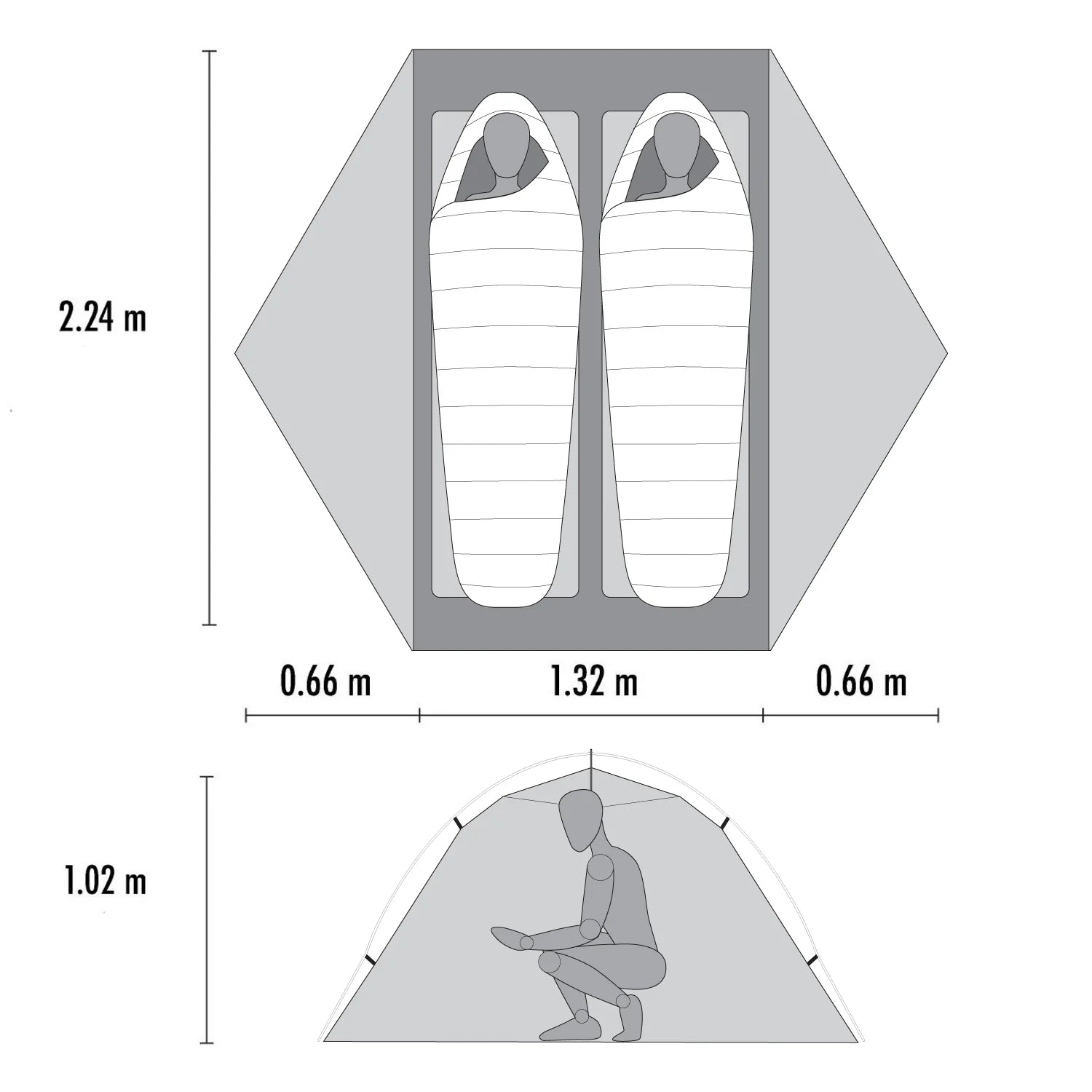 Measurement chart of a sleeping bag and tent setup with dimensions.