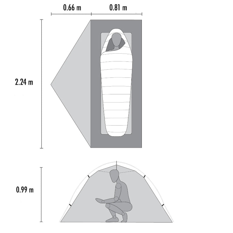 Measurement chart of MSR Hubba tent with a sleeping bag with dimensions and a person inside.
