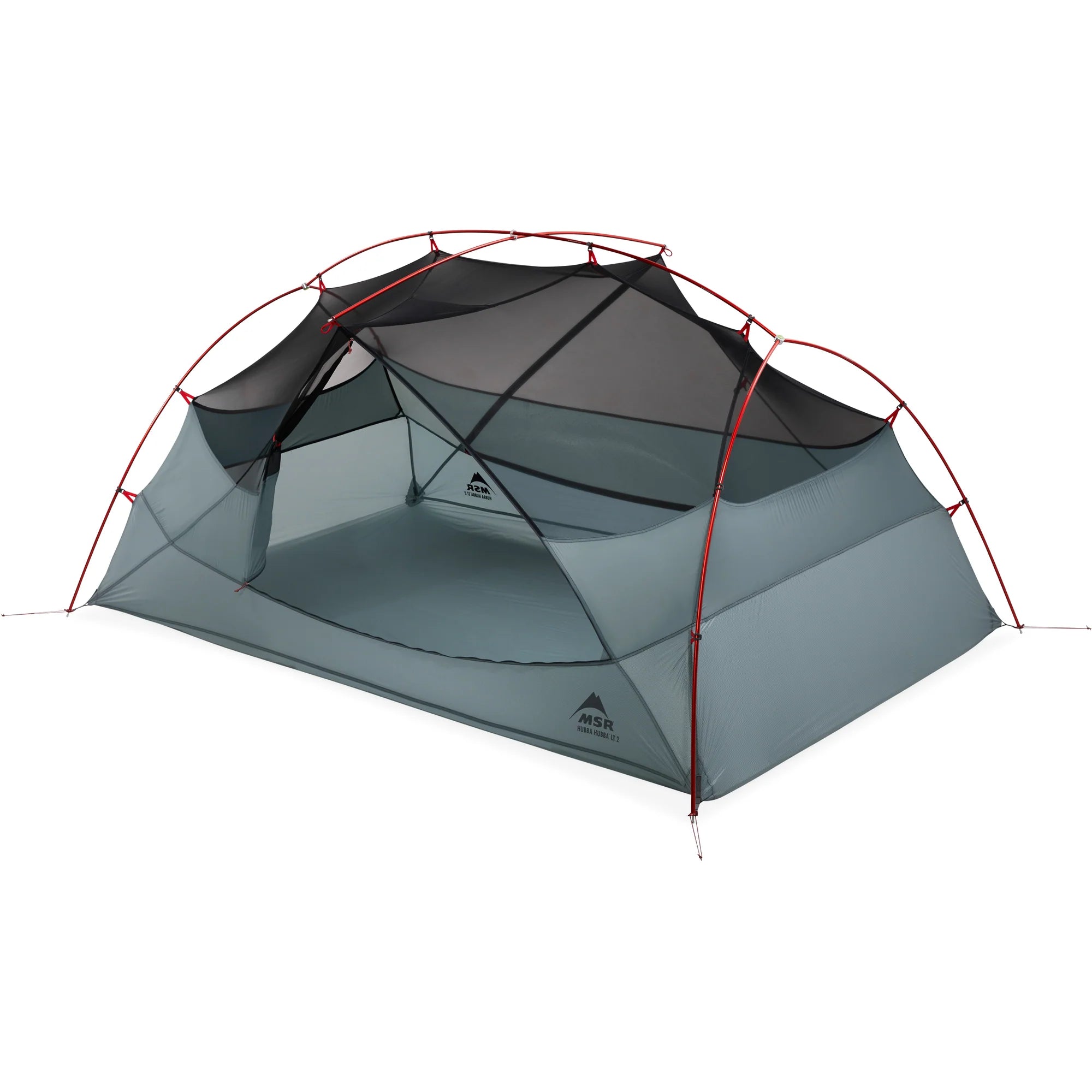 Gray camping tent with red accents on a white background