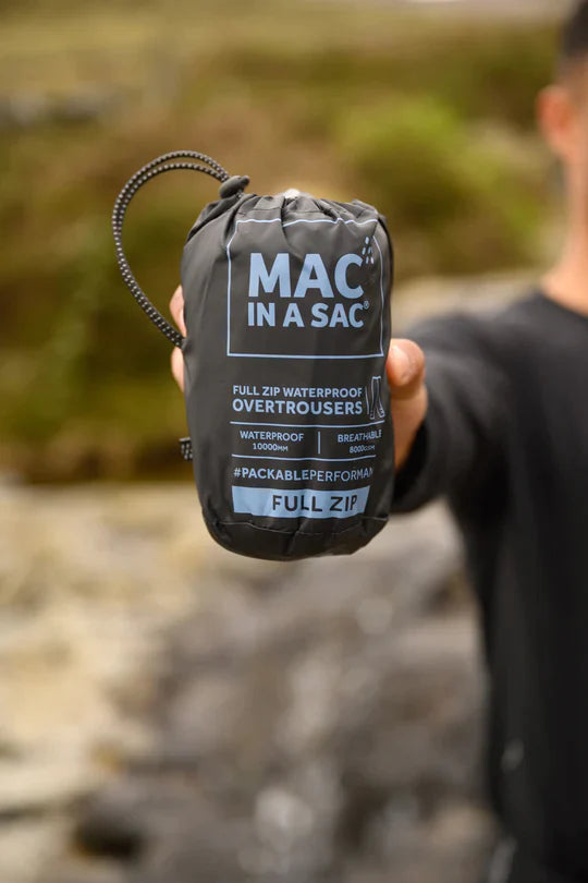A man holding the waterproof overpants stored in its stuff sack with the background blurred