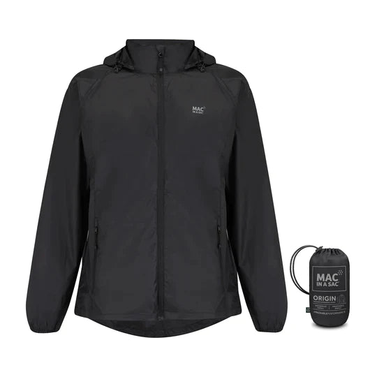 Black coloured rain jacket and stuff sack on a white background