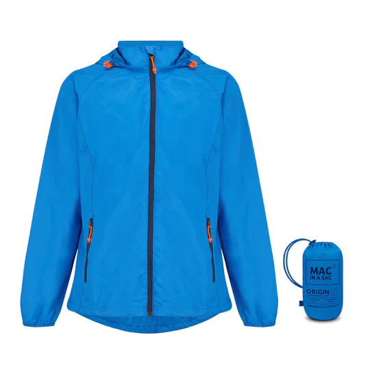 Blue coloured rain jacket and stuff sack on a white background