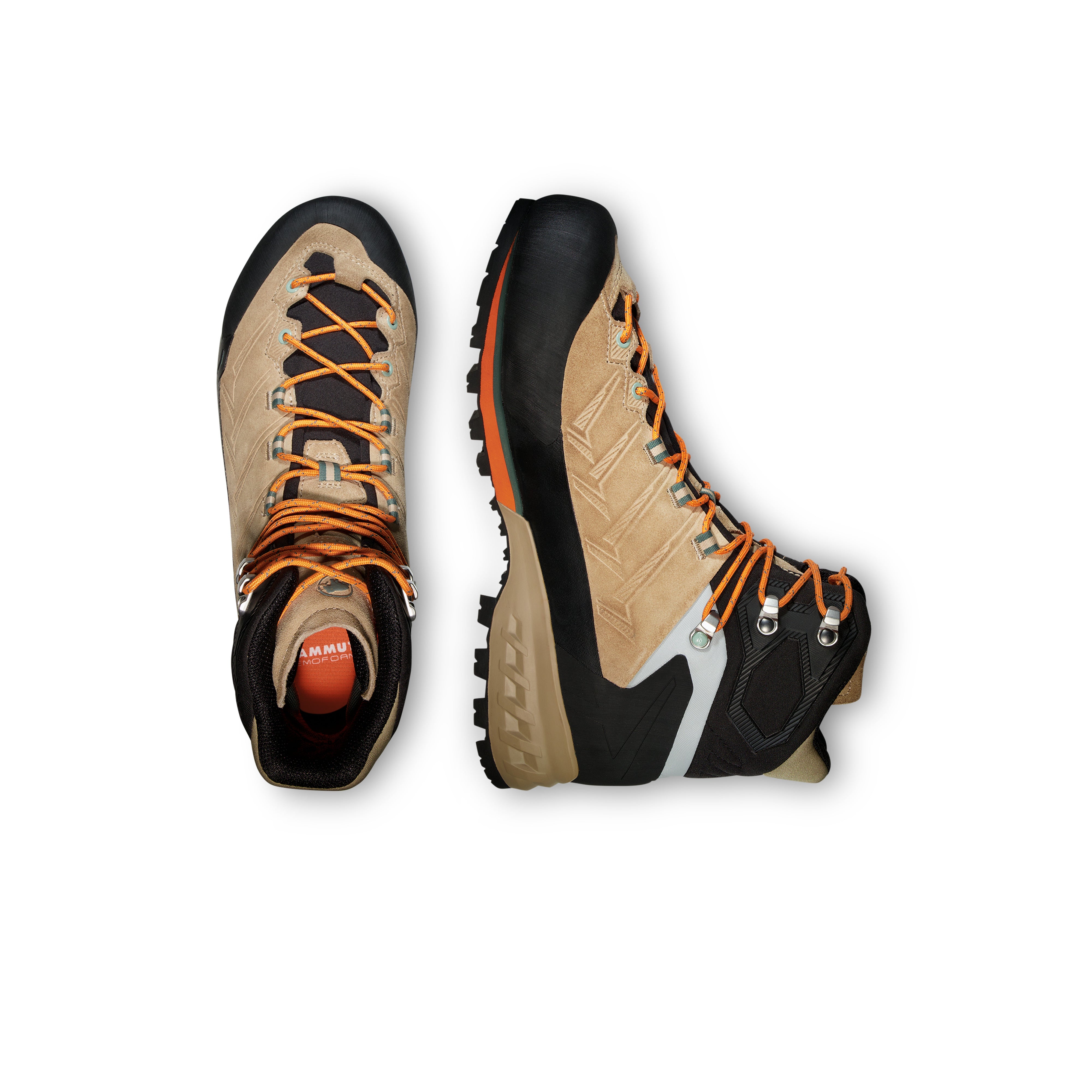 Pair of hiking boots with orange laces on a white background