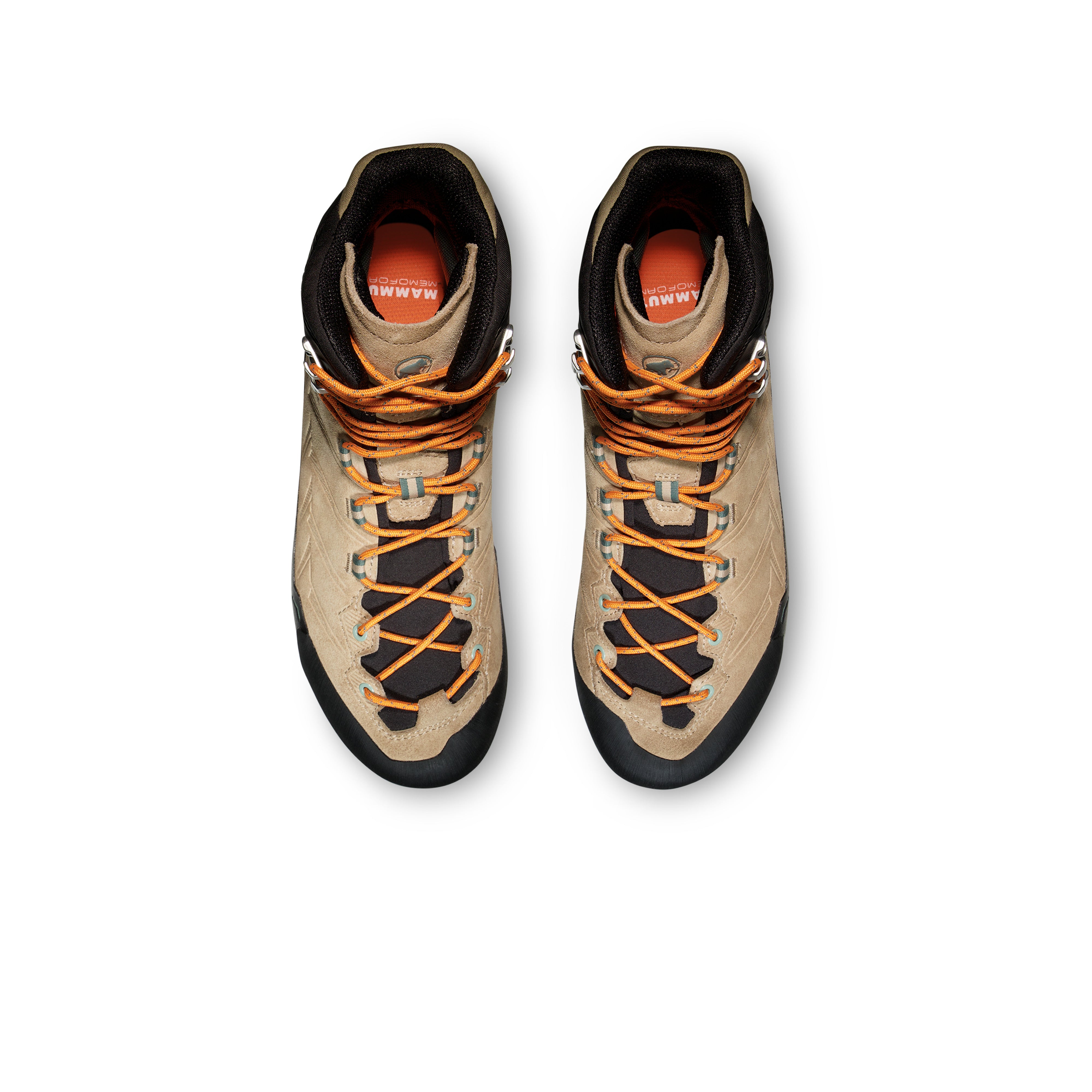 Pair of beige MOUNTAINEERING shoes with orange laces on a white background