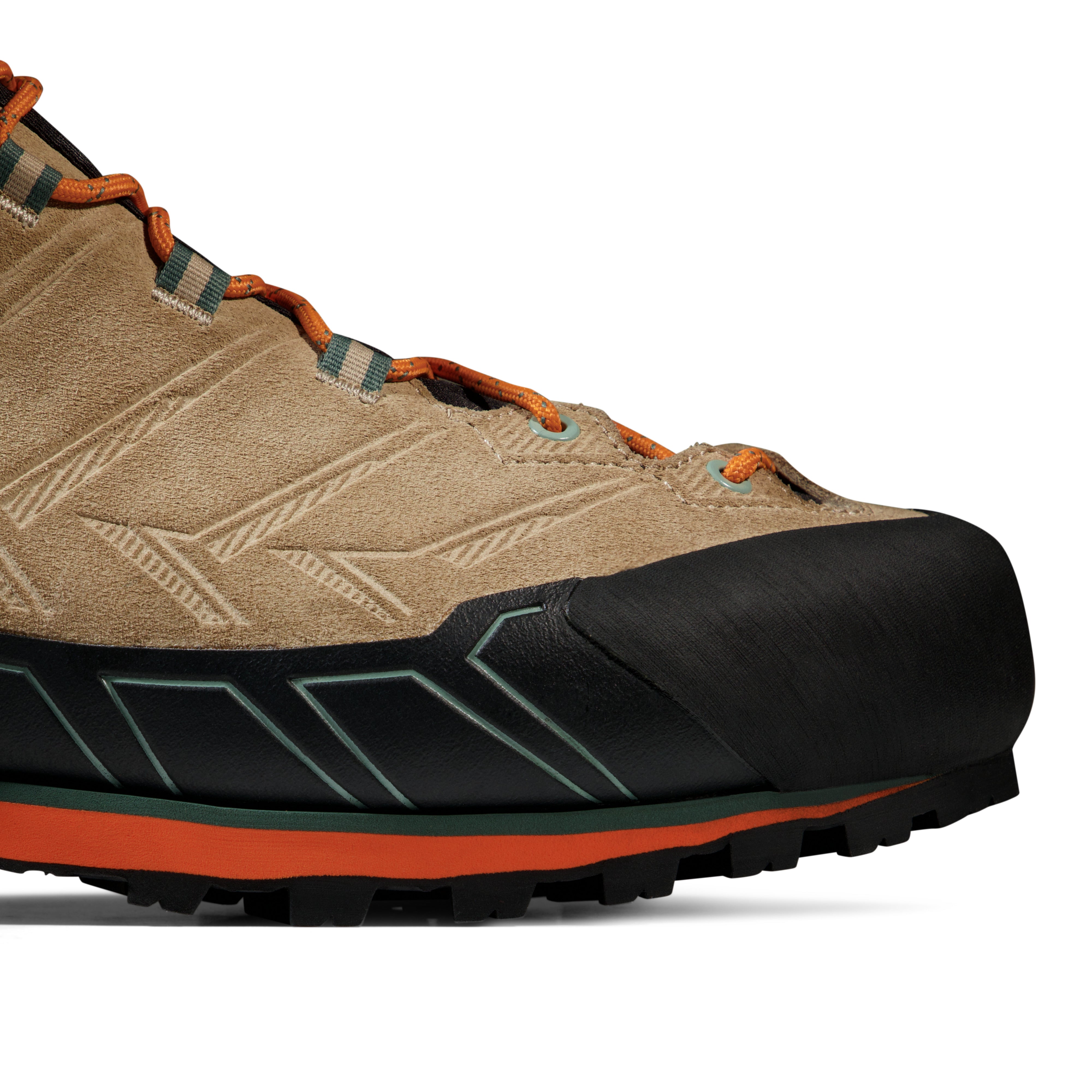 Tan hiking boot with orange accents on a white background
