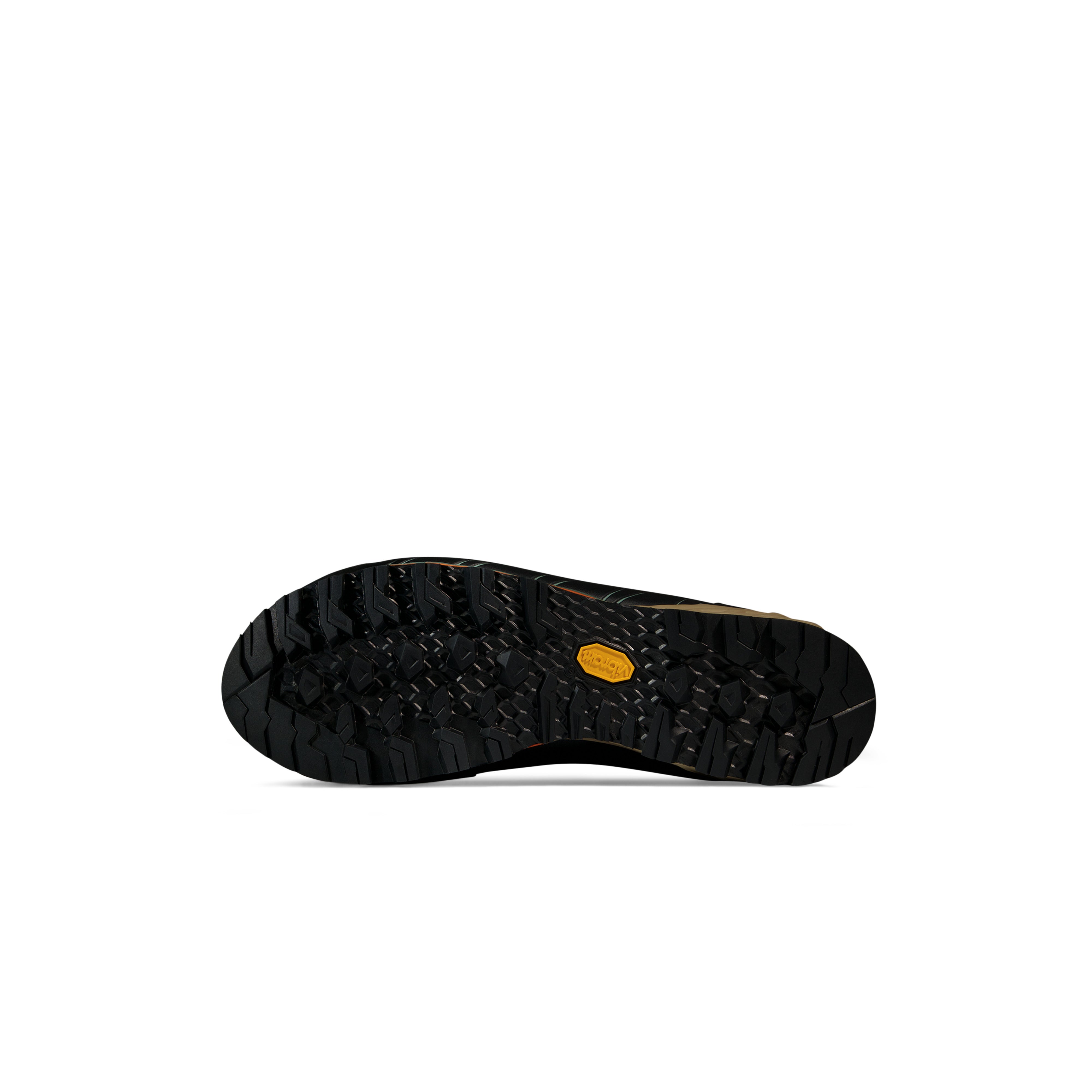 Black shoe sole with a yellow logo on a white background