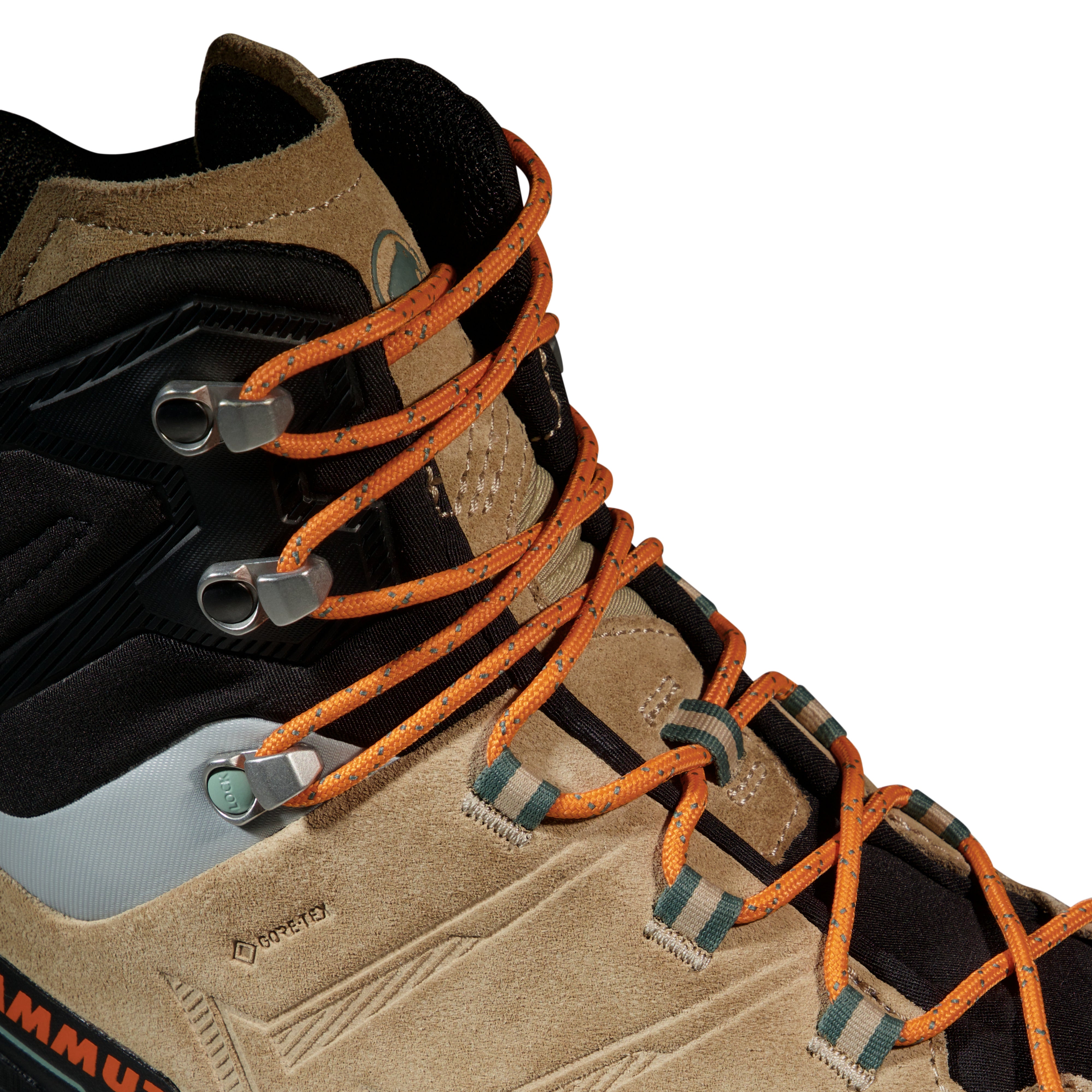 Close-up of a hiking boot with orange laces on a white background