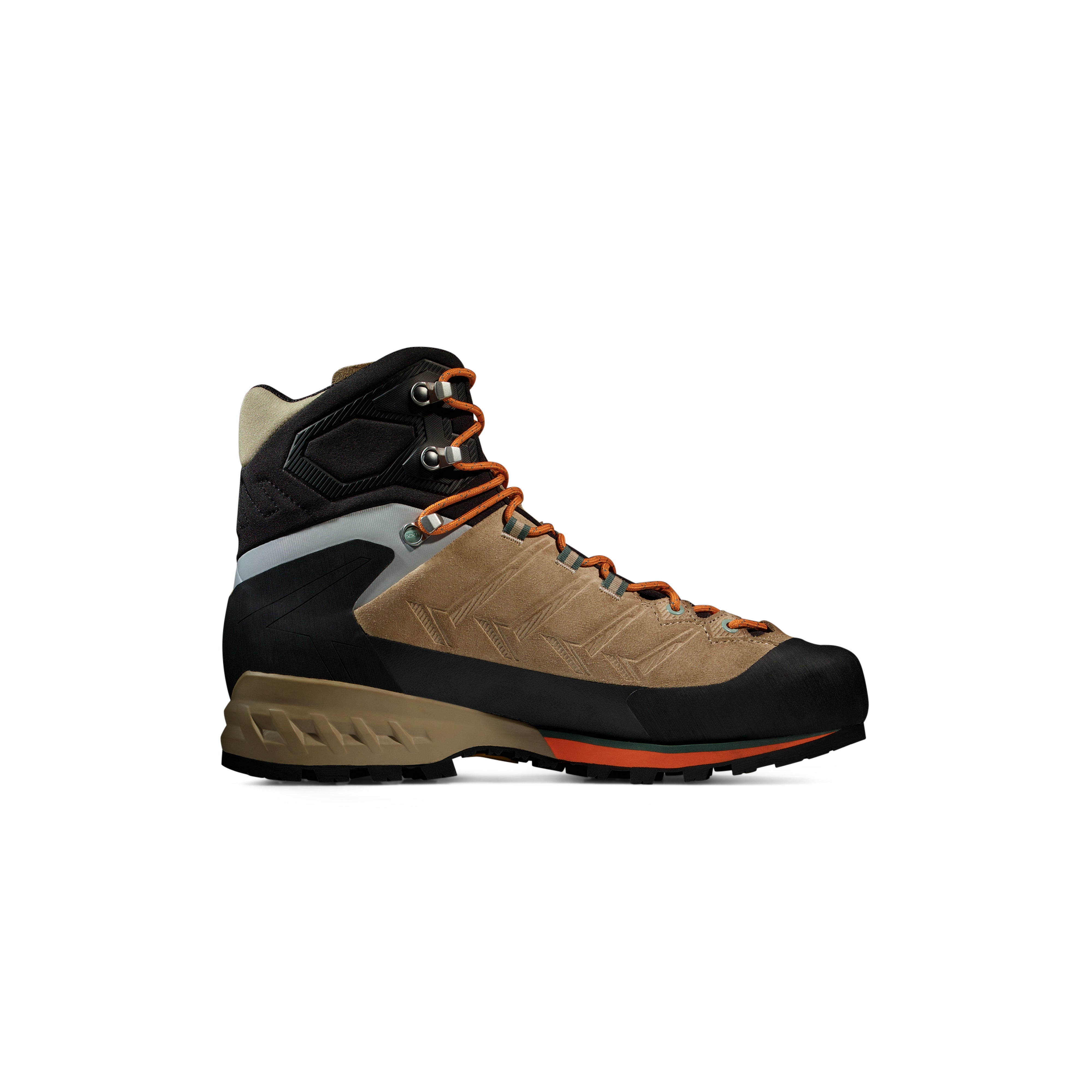 Hiking boot with black, beige, and orange colour scheme on a white background