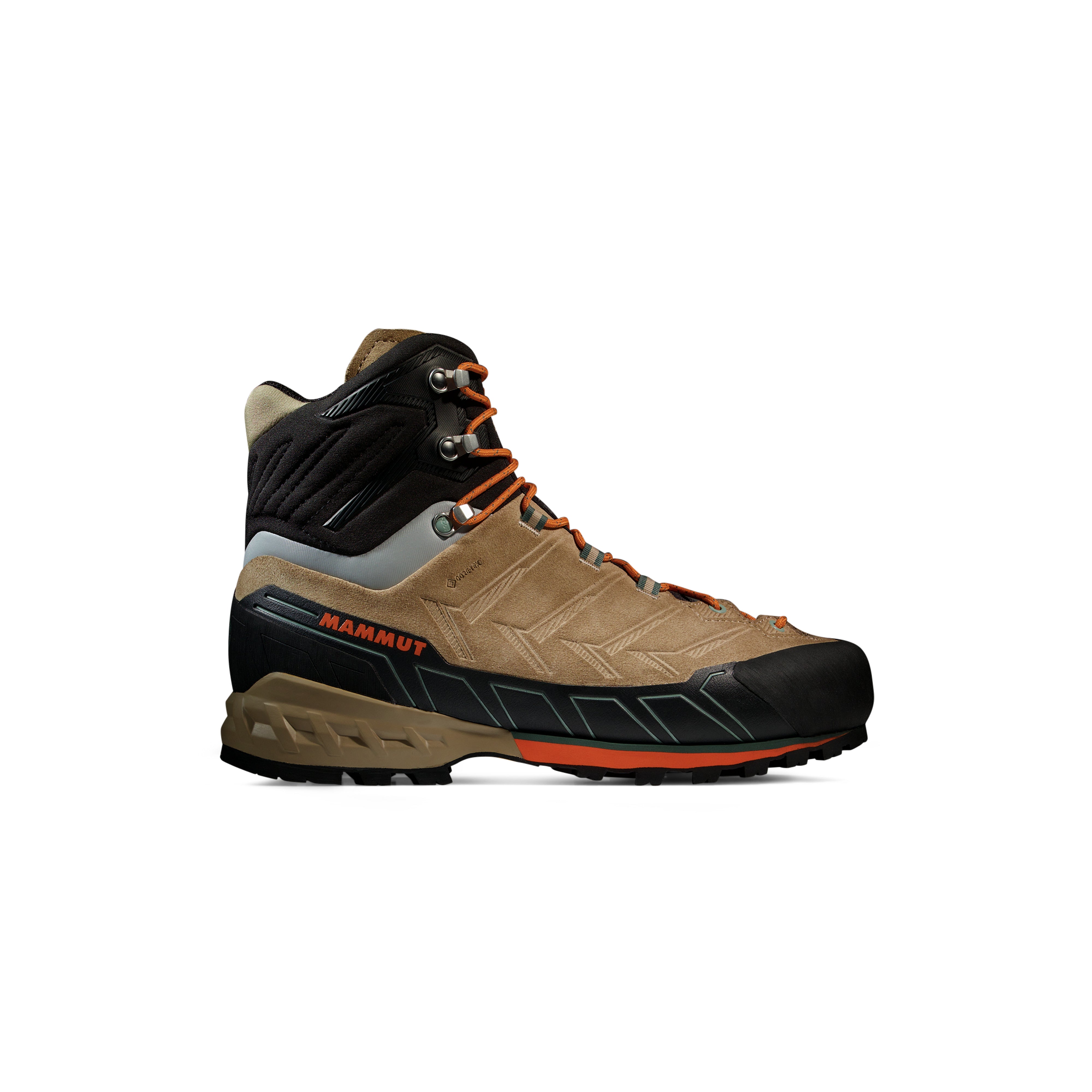 Beige and black hiking boot with orange accents on a white background