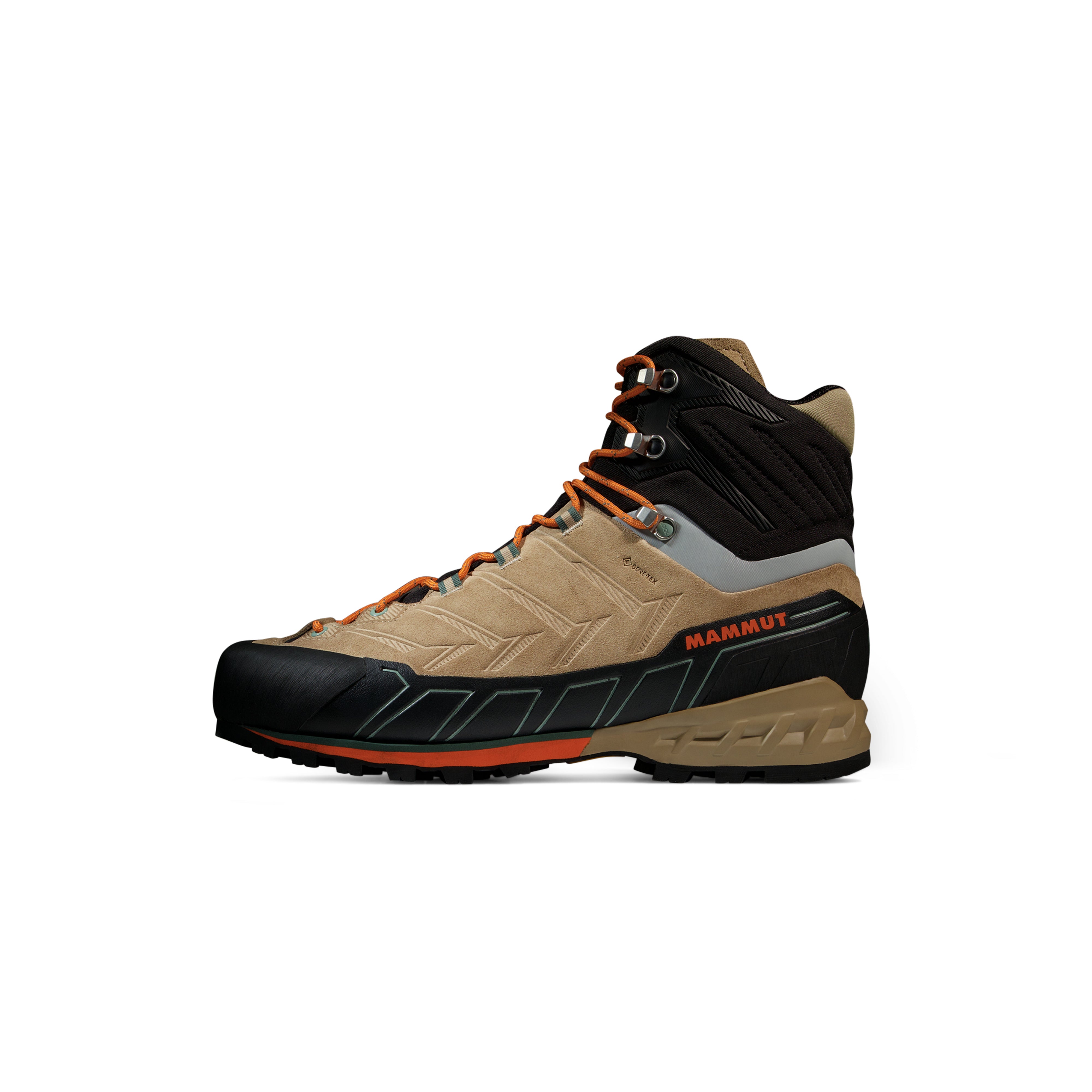 Hiking boot with black and beige design on a white background