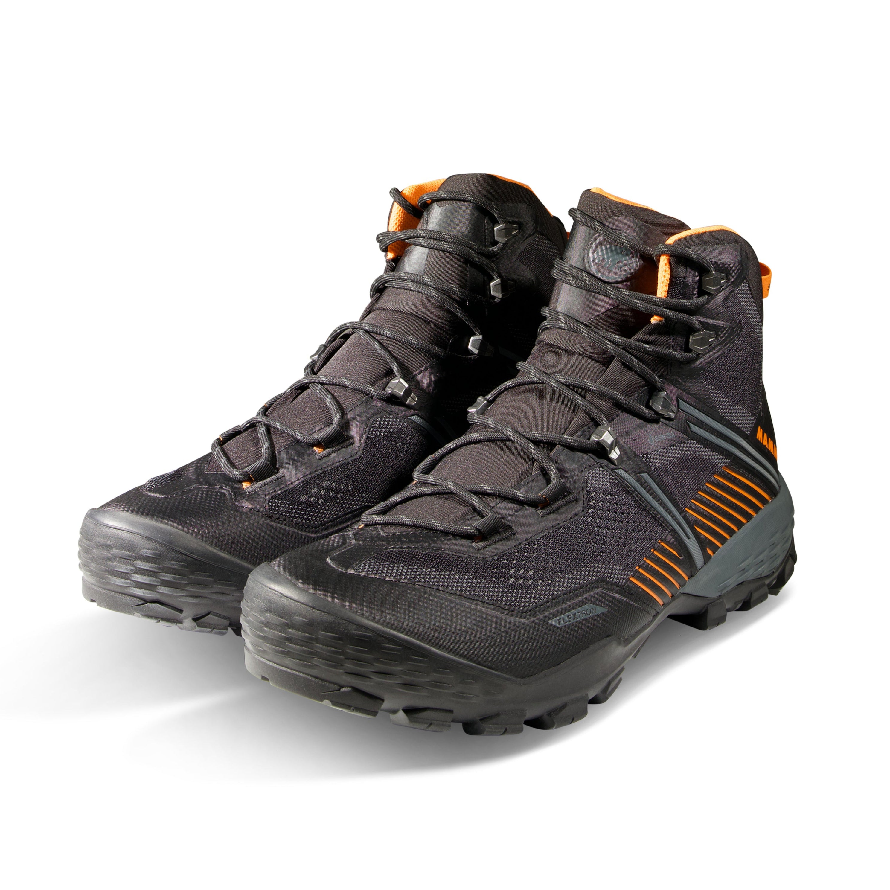 Pair of black high-top boots with orange accents on a white background