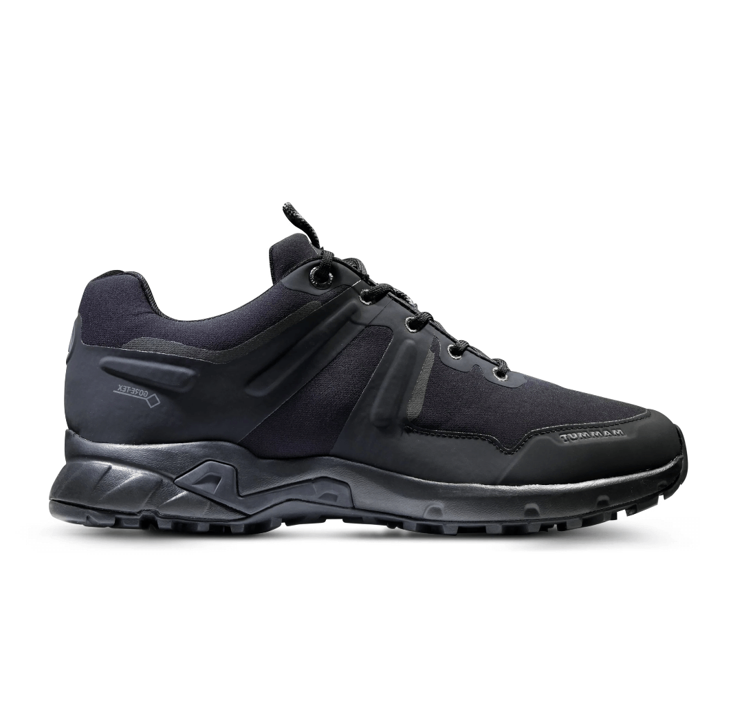 A pair of black Mammut Ultimate III Low GTX women's hiking shoes against a white background.