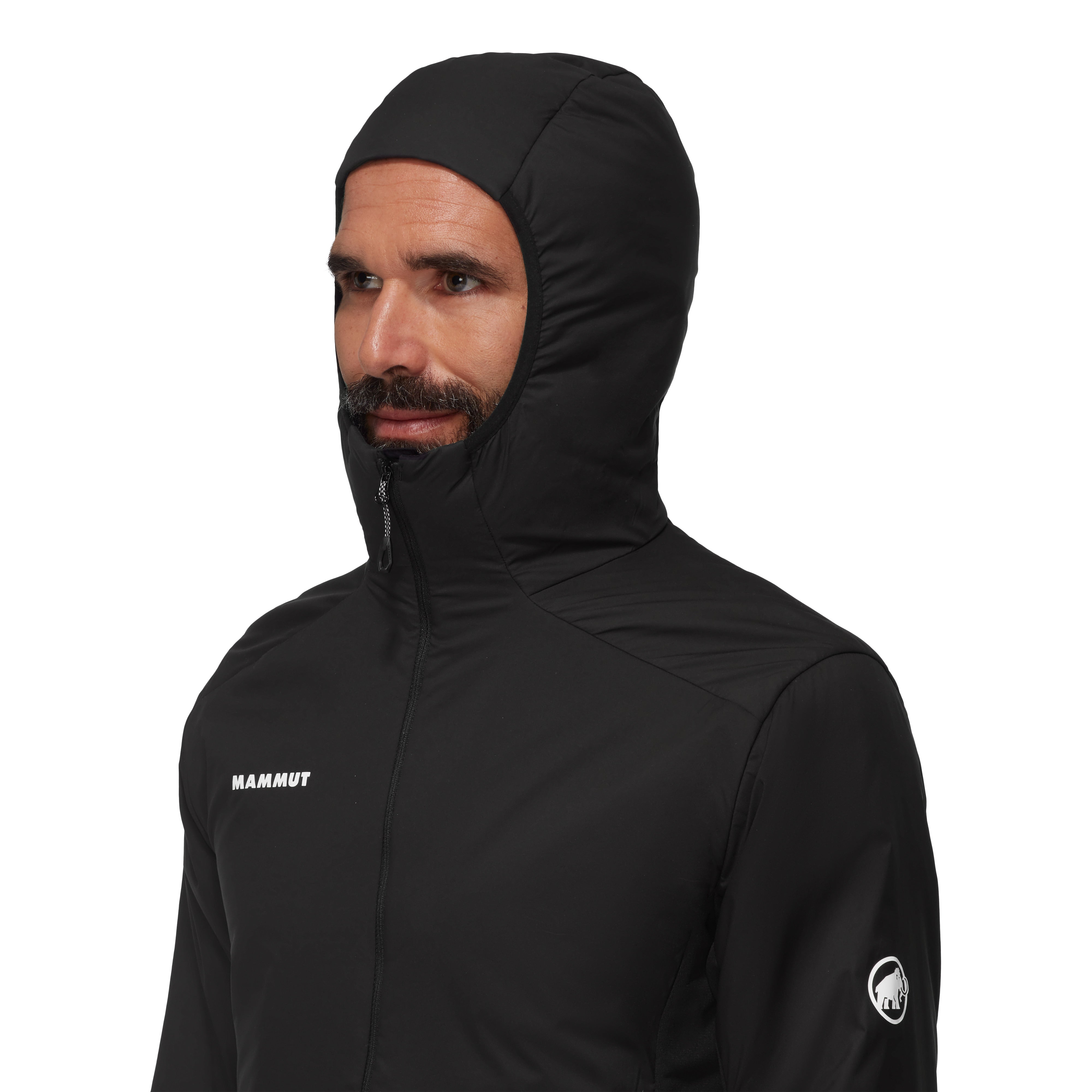 Person wearing a black hooded jacket with visible branding on a white background