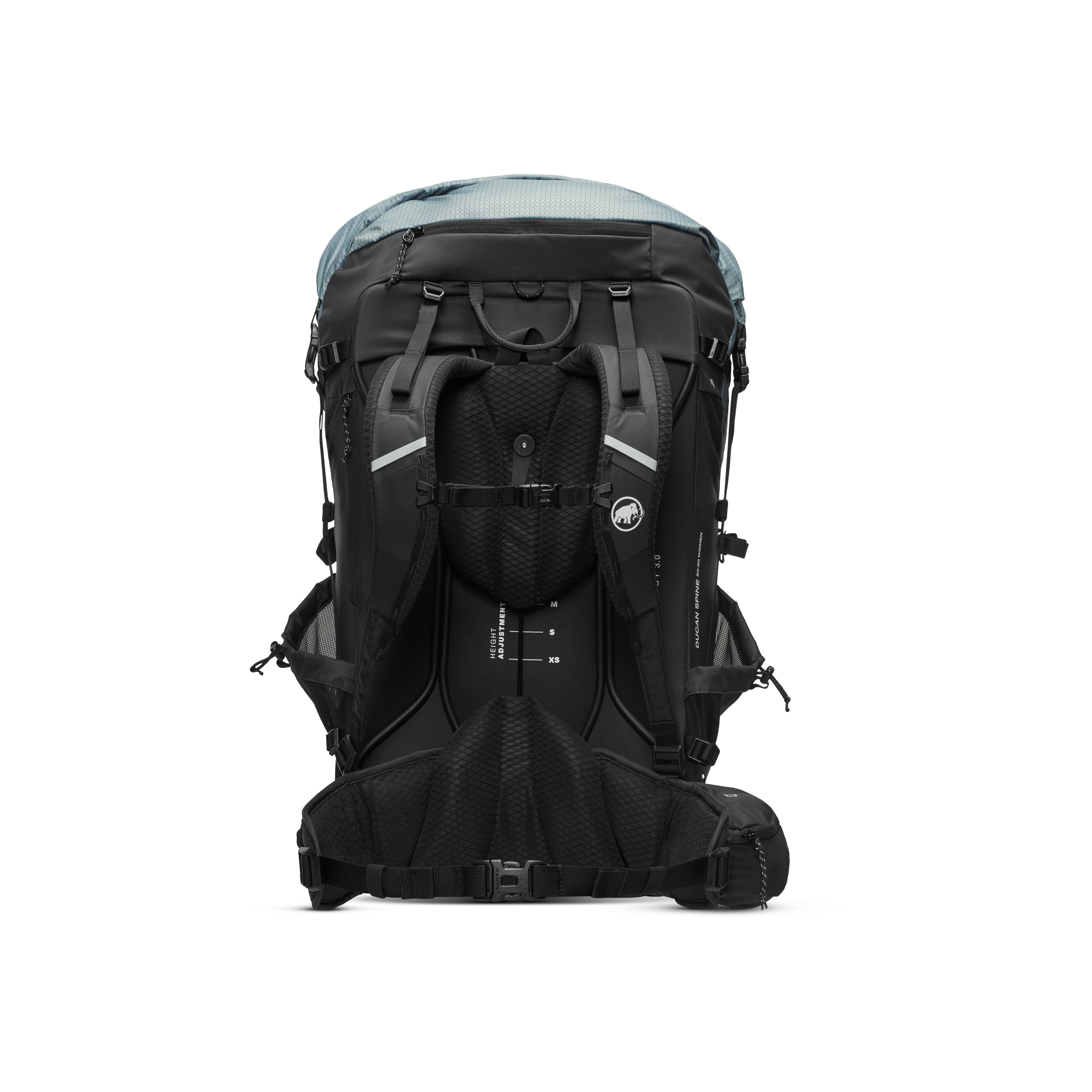 Black backpack with a visible brand logo on a white background