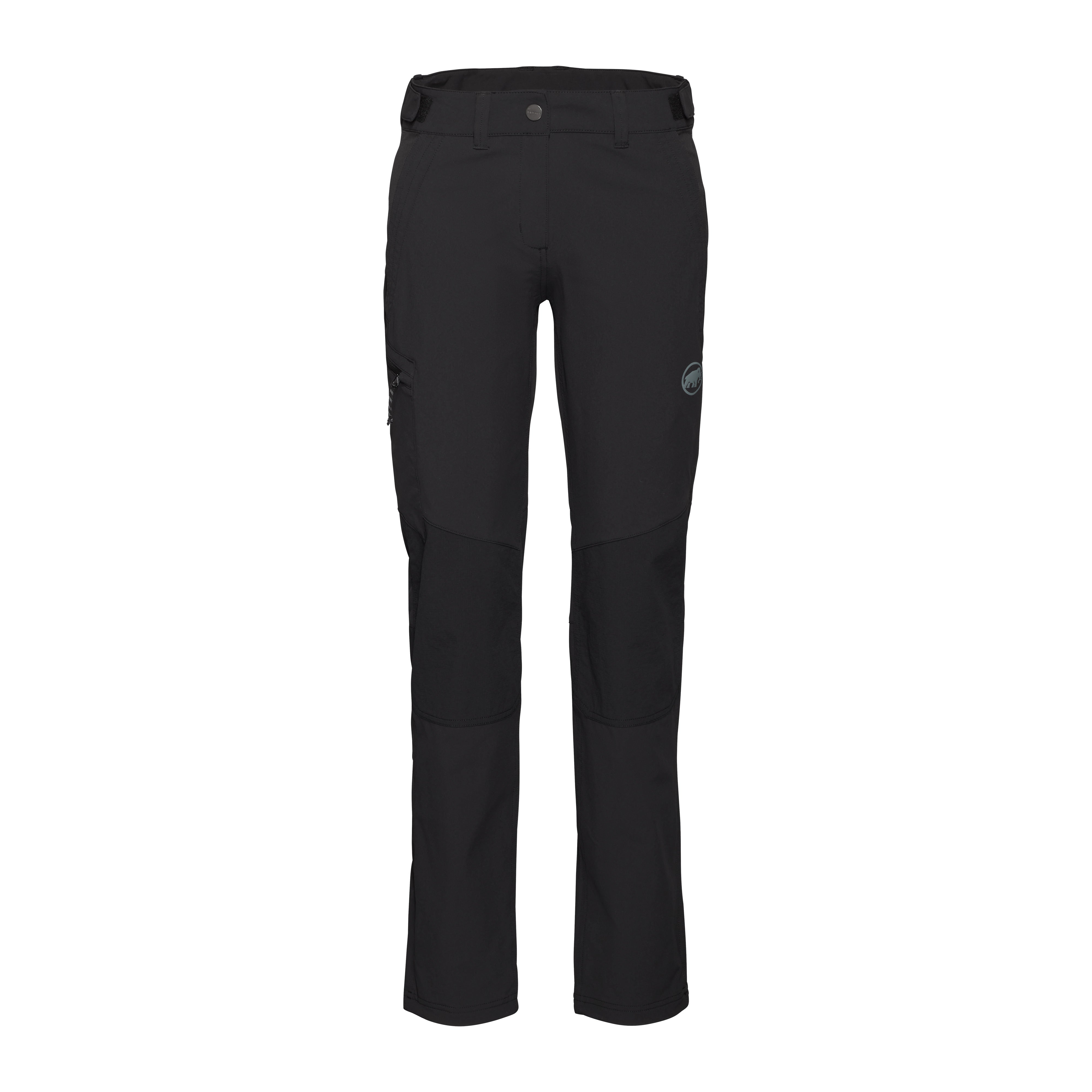 Black pants with a small logo on a white background
