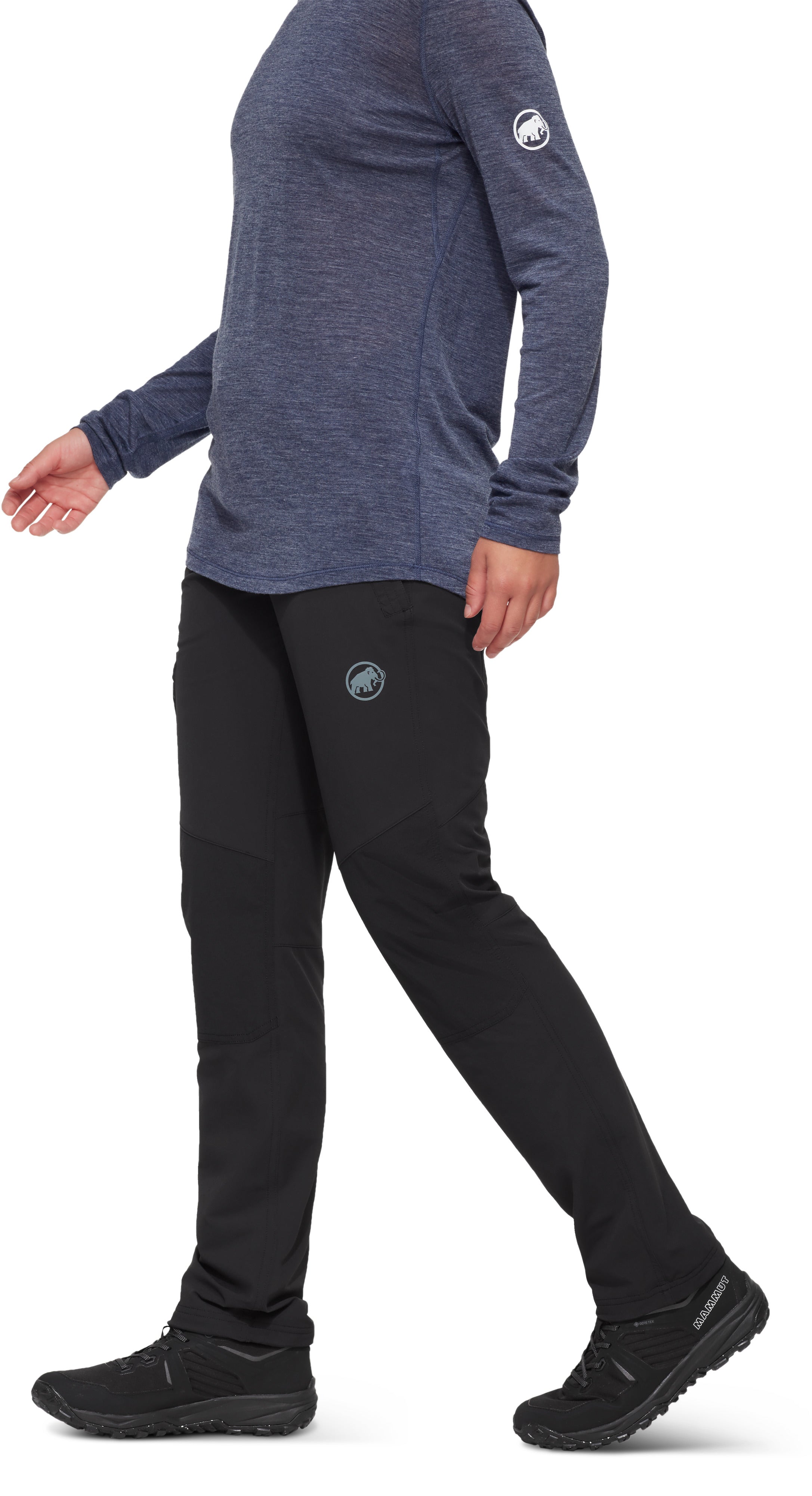 Person wearing a blue long-sleeve shirt and black pants on a white background