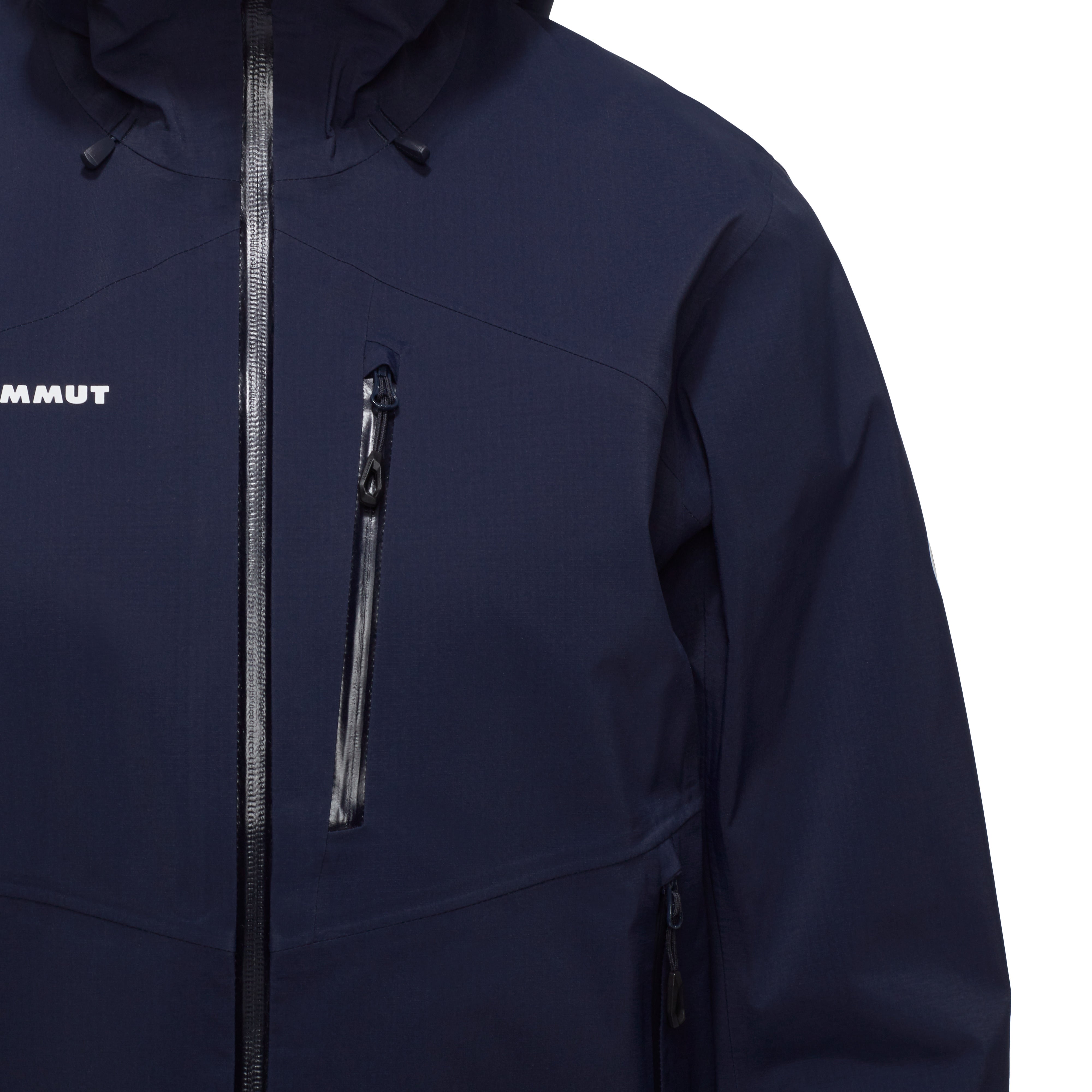 Navy blue jacket with a zipper and brand logo on a white background