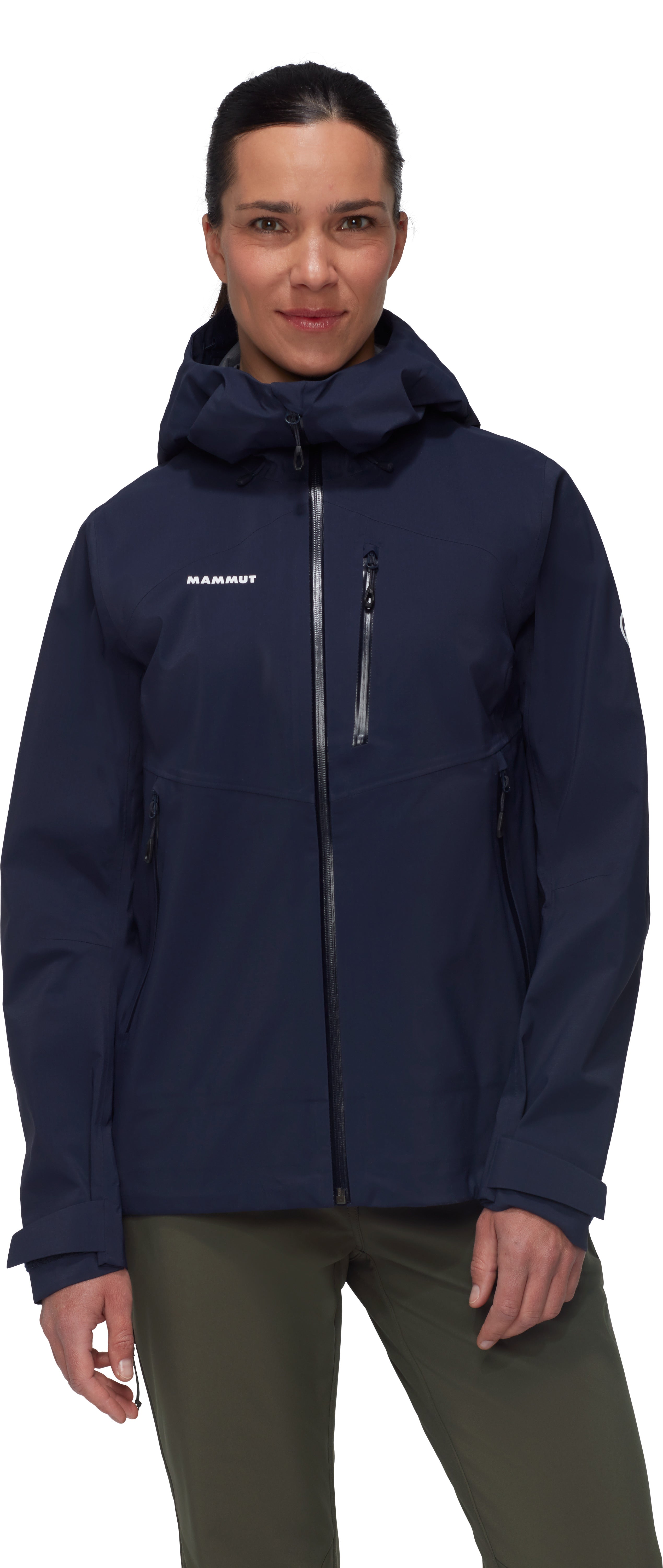 Person wearing a navy blue jacket with a brand logo on a white background