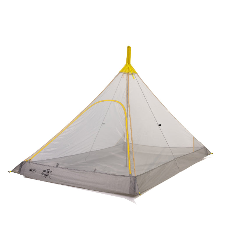 A lightweight gray and yellow pyramid-style tent with a single-pole design, featuring a water-resistant floor.