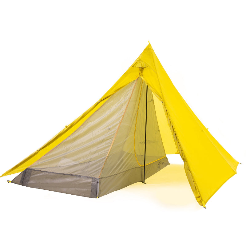 A yellow and gray Mont Hypermid Ultralight Pyramid Tent set up, featuring a transparent front and a solid gray back.