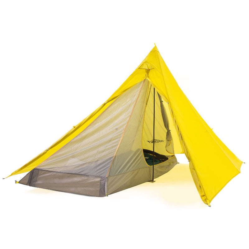 Yellow and gray pyramid tent on a white background