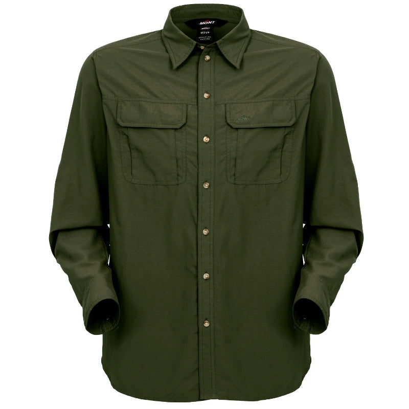 Green shirt with button details on a white background
