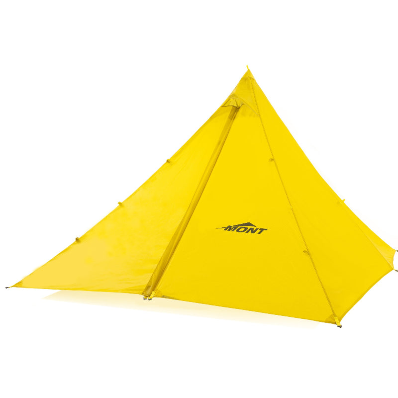 Yellow Mont tent with a brand logo on a white background