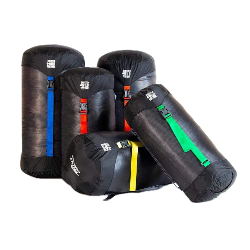 Mont x force compression dry bags filled, standing in a row
