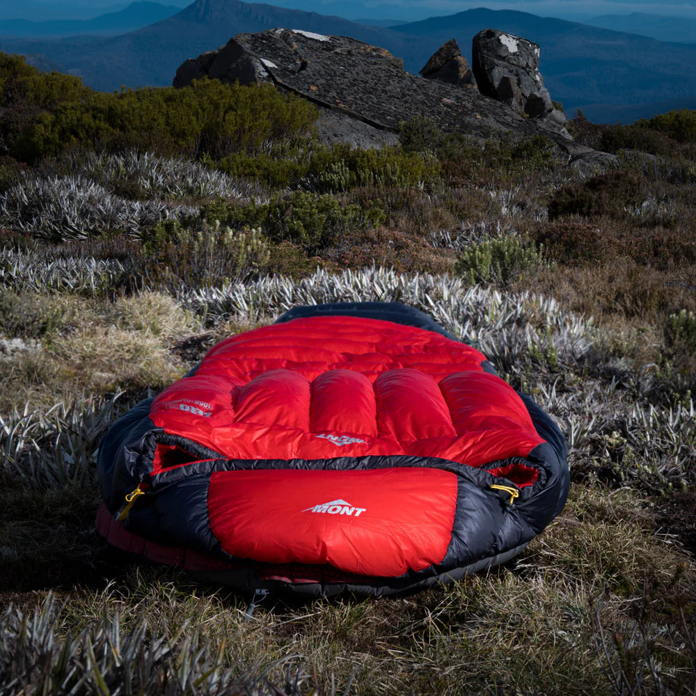 Red and black Mont Zero Ultralight 12 to 6°c Down Sleeping Bag bikepacking australia