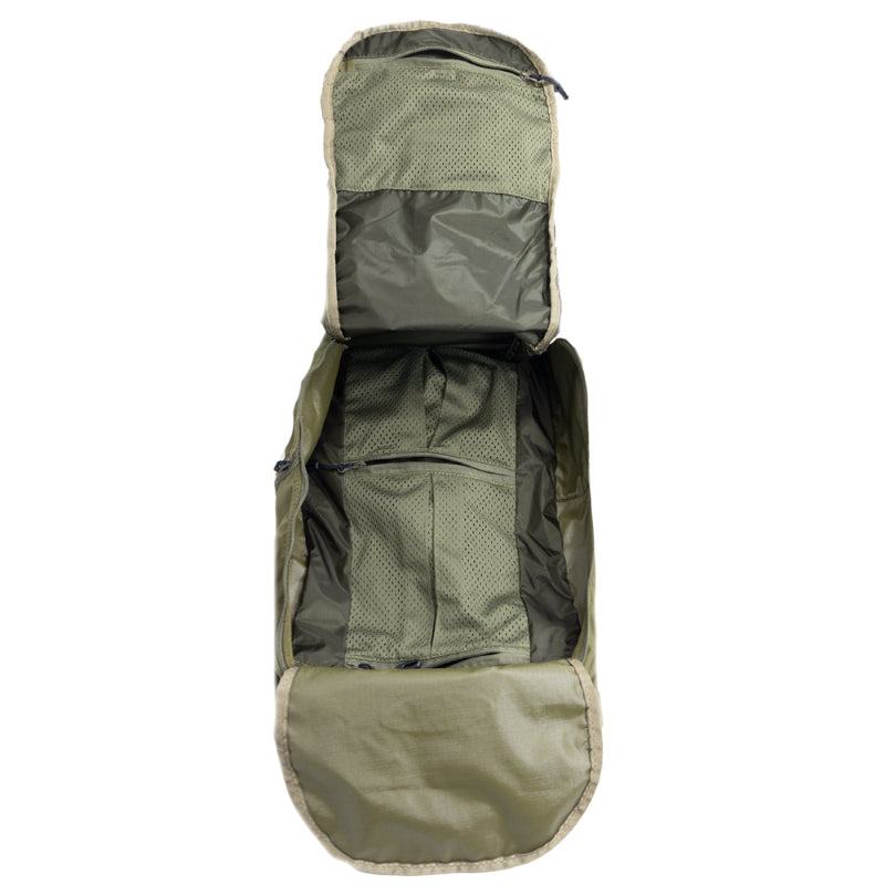 Green backpack with open compartments on a white background