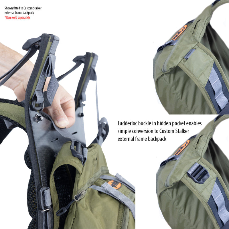 Green external frame backpack with ladderloc buckle feature, showing conversion to a custom stalker design.