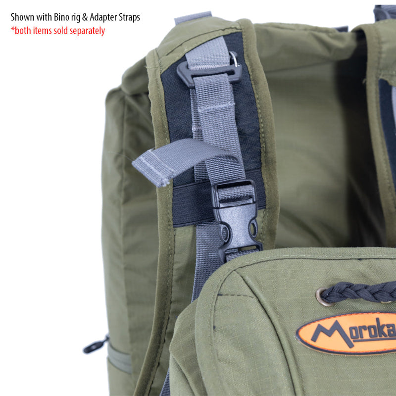 Green backpack with straps and Moroka logo on a white background