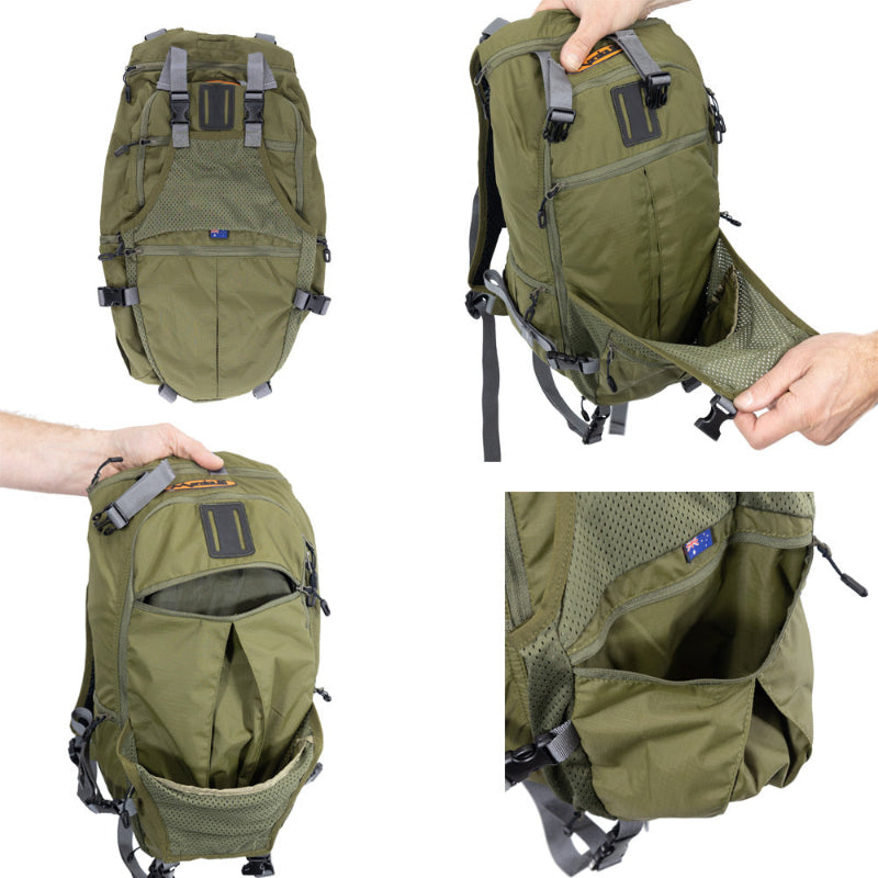 Green backpack with multiple angles shown on a white background