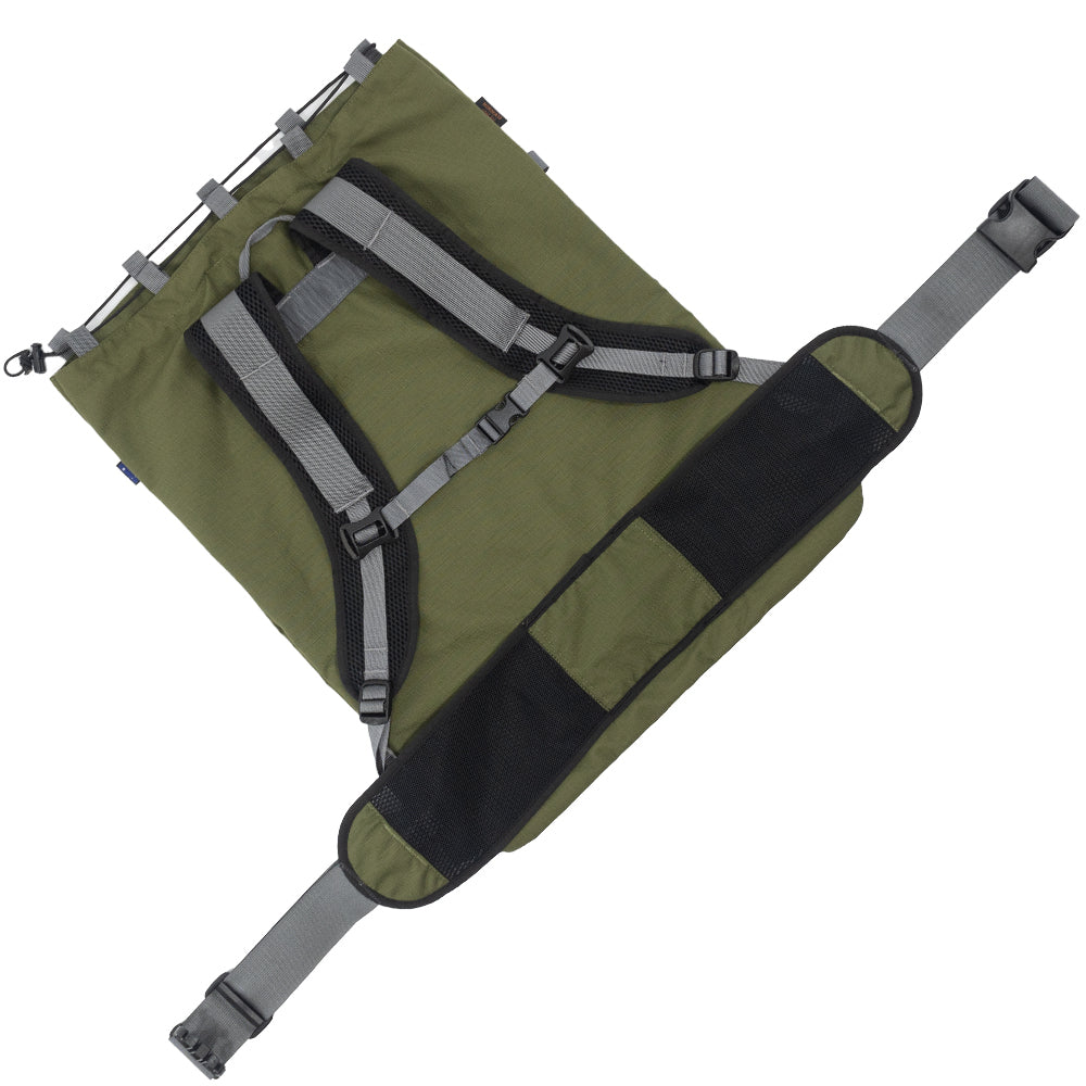 Green and black backpack with straps on a white background