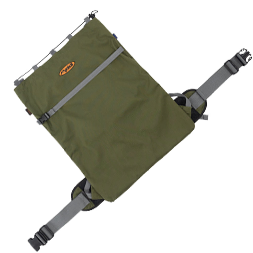 Green backpack with gray straps on a white background