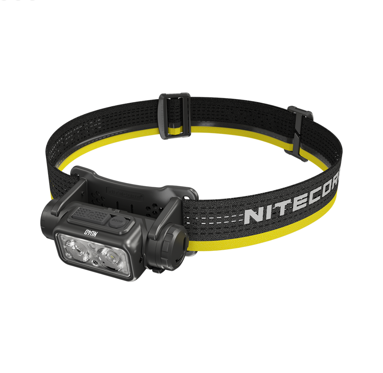 Nitecore headlamp with black and yellow strap on a white background