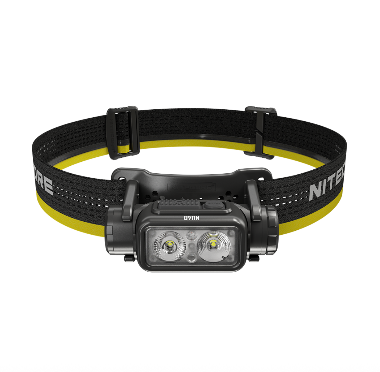 Headlamp with black and yellow strap on a white background