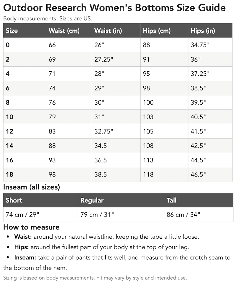 Outdoor Research Women's Trousers Pants Size Guide