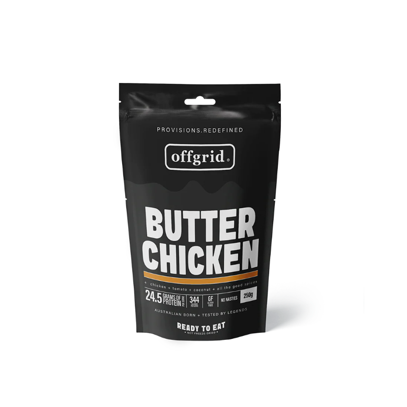 Black package of 'butter chicken' by offgrid on a white background