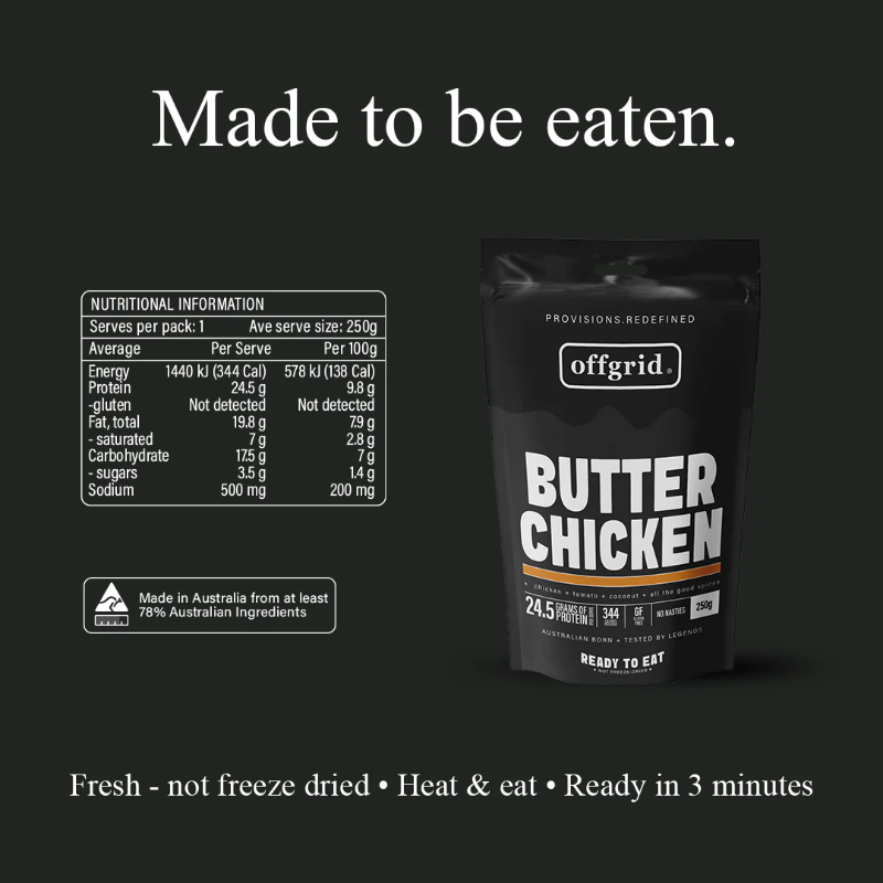 Offgrid Butter Chicken packaging with nutritional information on a black background